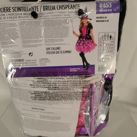 Girls Light-Up Sparkle Witch Costume Medium (8-10) Dress Hat & Wand Purple Pink - Picture 11 of 12